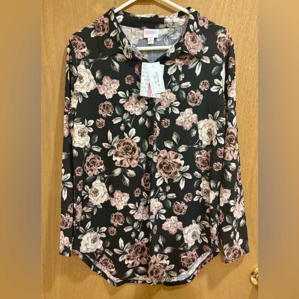 NWT LuLaRoe Valentina Black Pink Floral Button Up Top Roll Tab Sleeves Medium